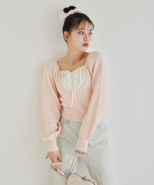 one after another NICE CLAUP(ワンアフターアナザーナイスクラップ)の「レイヤードドッキングニット(ニット/セーター・レディース・ブラック/杢グレー/オフホワイト/ピンク・FREE)」の14枚目の写真