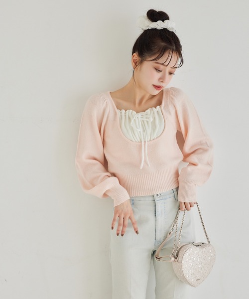 one after another NICE CLAUP(ワンアフターアナザーナイスクラップ)の「レイヤードドッキングニット(ニット/セーター・レディース・ブラック/杢グレー/オフホワイト/ピンク・FREE)」の15枚目の写真