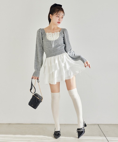 one after another NICE CLAUP(ワンアフターアナザーナイスクラップ)の「レイヤードドッキングニット(ニット/セーター・レディース・ブラック/杢グレー/オフホワイト/ピンク・FREE)」の18枚目の写真