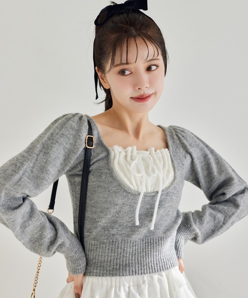 one after another NICE CLAUP(ワンアフターアナザーナイスクラップ)の「レイヤードドッキングニット(ニット/セーター・レディース・ブラック/杢グレー/オフホワイト/ピンク・FREE)」の21枚目の写真