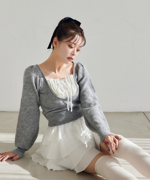 one after another NICE CLAUP(ワンアフターアナザーナイスクラップ)の「レイヤードドッキングニット(ニット/セーター・レディース・ブラック/杢グレー/オフホワイト/ピンク・FREE)」の20枚目の写真