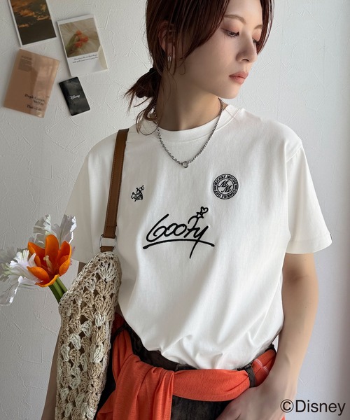 セール】大人女子必見！ 綿100％「ディズニー」サイン風刺繍Tシャツ