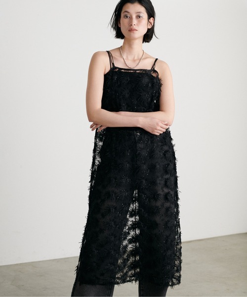 美品✨フランス製　FAS フェアリーワンピース　レース　プリーツ　フリンジ　黒 レース×シフォンドレス風ワンピース | outlet | axes femme