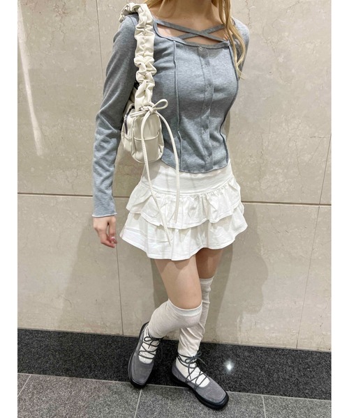 PHILLY（フィリー）の「【PHILLY】クロスデザインフェイクカーデトップス（Tシャツ/カットソー・レディース・ブラック/グレー/ホワイト・FREE）」の20枚目の写真