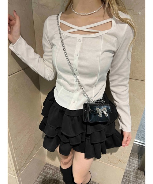 PHILLY（フィリー）の「【PHILLY】クロスデザインフェイクカーデトップス（Tシャツ/カットソー・レディース・ブラック/グレー/ホワイト・FREE）」の13枚目の写真