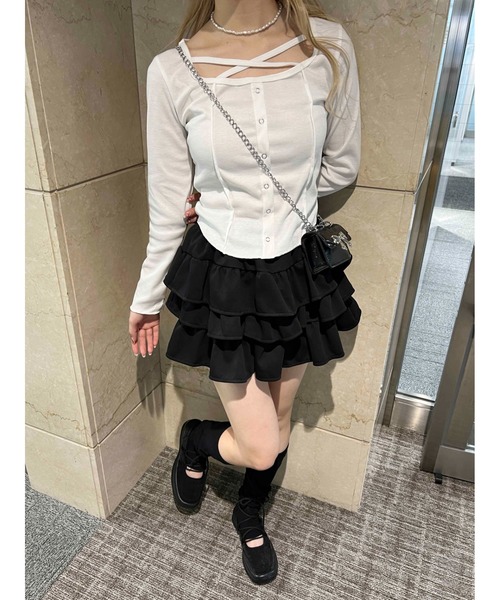 PHILLY（フィリー）の「【PHILLY】クロスデザインフェイクカーデトップス（Tシャツ/カットソー・レディース・ブラック/グレー/ホワイト・FREE）」の15枚目の写真