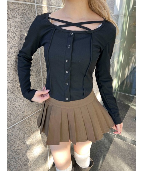 PHILLY（フィリー）の「【PHILLY】クロスデザインフェイクカーデトップス（Tシャツ/カットソー・レディース・ブラック/グレー/ホワイト・FREE）」の21枚目の写真