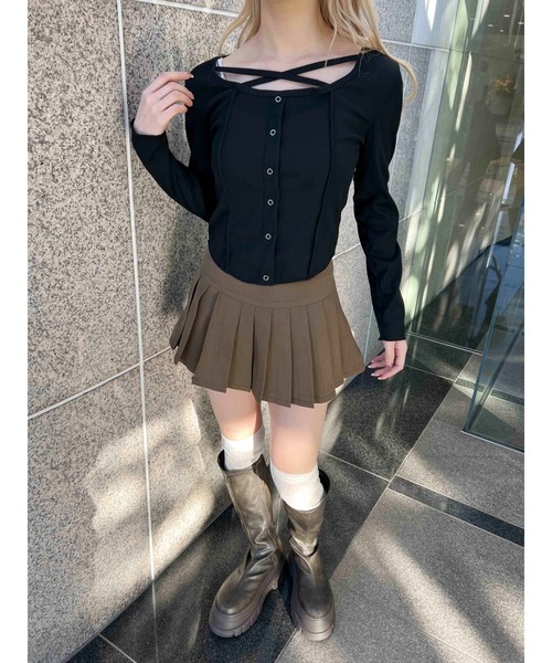 PHILLY（フィリー）の「【PHILLY】クロスデザインフェイクカーデトップス（Tシャツ/カットソー・レディース・ブラック/グレー/ホワイト・FREE）」の5枚目の写真