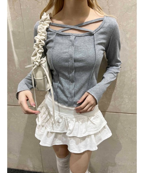 PHILLY（フィリー）の「【PHILLY】クロスデザインフェイクカーデトップス（Tシャツ/カットソー・レディース・ブラック/グレー/ホワイト・FREE）」の16枚目の写真