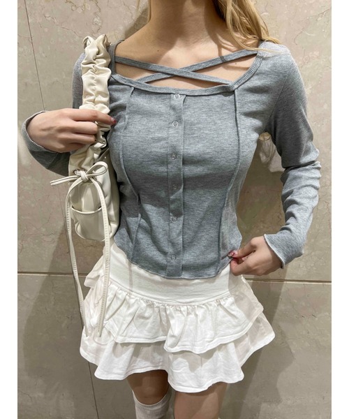 PHILLY（フィリー）の「【PHILLY】クロスデザインフェイクカーデトップス（Tシャツ/カットソー・レディース・ブラック/グレー/ホワイト・FREE）」の17枚目の写真