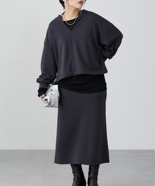 Tシャツ カットソー レディース 裏シャギー上下 セットアップ キーネック プルオーバー ＋Iライン スカート S/M ニッセン nissen セール】裏シャギー上下セットアップ（キーネックプルオーバー