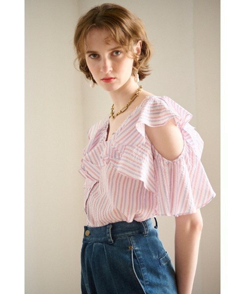 Estella.K(エステラケー)の「Cold Shoulder Blouse コールドショルダー半袖ブラウス(シャツ/ブラウス・レディース・ネイビー系/グリーン系/ベージュ系/ブラック系/レッド系/ホワイト系2/ホワイト系1・FREE)」の15枚目の写真