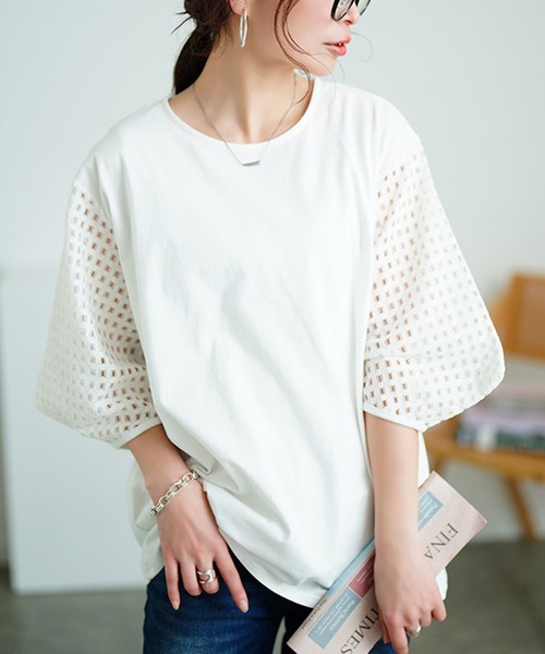 GOLDJAPAN(ゴールドジャパン)の「メッシュ変形スリーブプルオーバー【大きいサイズ対応】(Tシャツ/カットソー・レディース・ブラック/ホワイト・LL/3L/4L/5L)」の2枚目の写真