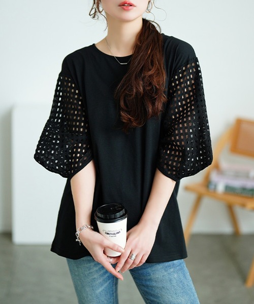 GOLDJAPAN(ゴールドジャパン)の「メッシュ変形スリーブプルオーバー【大きいサイズ対応】(Tシャツ/カットソー・レディース・ブラック/ホワイト・LL/3L/4L/5L)」の1枚目の写真