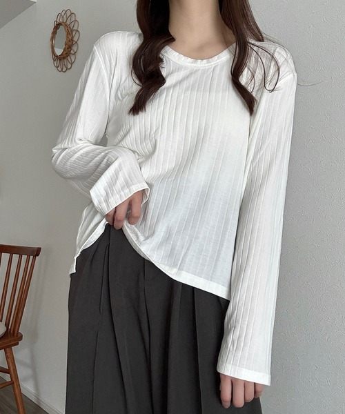 Cham.（チャム）の「ロングスリーブリブトップス（Tシャツ/カットソー・レディース・ベージュ/ブラウン/オフホワイト・F）」の3枚目の写真