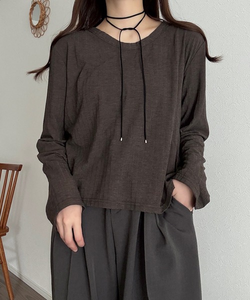 Cham.（チャム）の「ロングスリーブリブトップス（Tシャツ/カットソー・レディース・ベージュ/ブラウン/オフホワイト・F）」の19枚目の写真