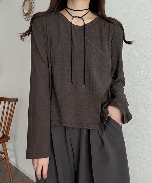 Cham.（チャム）の「ロングスリーブリブトップス（Tシャツ/カットソー・レディース・ベージュ/ブラウン/オフホワイト・F）」の18枚目の写真