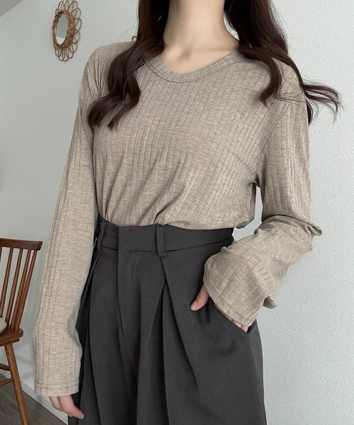 Cham.（チャム）の「ロングスリーブリブトップス（Tシャツ/カットソー・レディース・ベージュ/ブラウン/オフホワイト・F）」の16枚目の写真