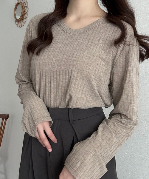 Cham.（チャム）の「ロングスリーブリブトップス（Tシャツ/カットソー・レディース・ベージュ/ブラウン/オフホワイト・F）」の15枚目の写真