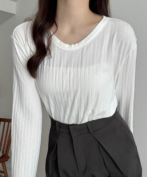 Cham.（チャム）の「ロングスリーブリブトップス（Tシャツ/カットソー・レディース・ベージュ/ブラウン/オフホワイト・F）」の10枚目の写真