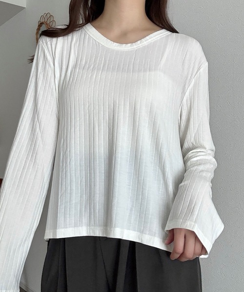 Cham.（チャム）の「ロングスリーブリブトップス（Tシャツ/カットソー・レディース・ベージュ/ブラウン/オフホワイト・F）」の9枚目の写真