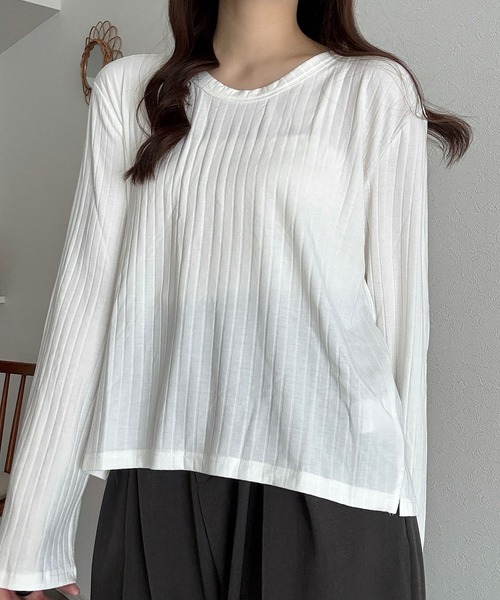 Cham.（チャム）の「ロングスリーブリブトップス（Tシャツ/カットソー・レディース・ベージュ/ブラウン/オフホワイト・F）」の8枚目の写真