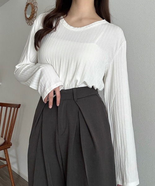 Cham.（チャム）の「ロングスリーブリブトップス（Tシャツ/カットソー・レディース・ベージュ/ブラウン/オフホワイト・F）」の7枚目の写真