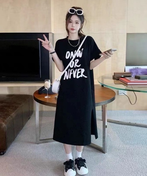LETee（レティー）の「ロゴプリント　ティーシャツワンピース（Tシャツ/カットソー・レディース・グレー/ブラック/モカ・FREE）」の14枚目の写真