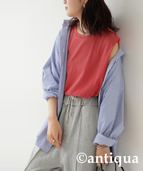 antiqua(アンティカ)の「アシッドウォッシュノースリーブトップス(Tシャツ/カットソー・レディース・ブラウン/レッド/ネイビー/ブラック・ONESIZE)」の21枚目の写真