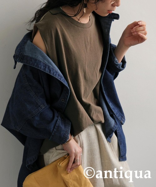 antiqua(アンティカ)の「アシッドウォッシュノースリーブトップス(Tシャツ/カットソー・レディース・ブラウン/レッド/ネイビー/ブラック・ONESIZE)」の11枚目の写真