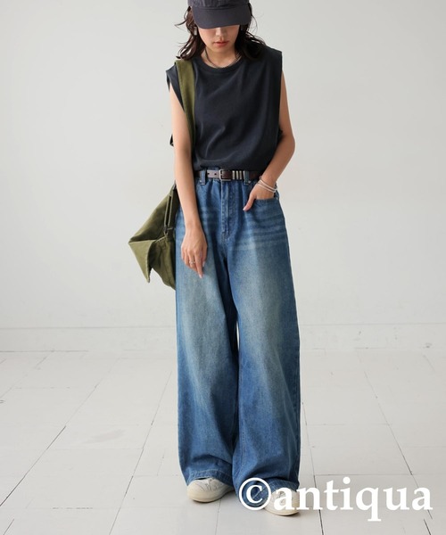 antiqua(アンティカ)の「アシッドウォッシュノースリーブトップス(Tシャツ/カットソー・レディース・ブラウン/レッド/ネイビー/ブラック・ONESIZE)」の5枚目の写真