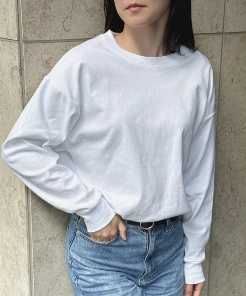 CLOTHY(クロシィ)の「【定番!オールシーズン使える】ダブルフェイスリブ付ロンT(Tシャツ/カットソー・レディース・ホワイト/ブラウン/ピンク/ブルー/グレー/チャコールグレー/ブラック/グレイッシュベージュ・SMALL/MEDIUM/LARGE)」の1枚目の写真