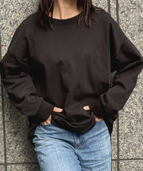 CLOTHY(クロシィ)の「【定番!オールシーズン使える】ダブルフェイスリブ付ロンT(Tシャツ/カットソー・レディース・ホワイト/ブラウン/ピンク/ブルー/グレー/チャコールグレー/ブラック/グレイッシュベージュ・SMALL/MEDIUM/LARGE)」の2枚目の写真