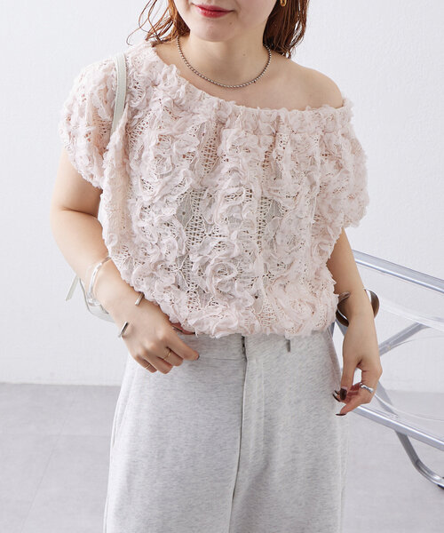 mystic（ミスティック）の「チュールジャガードパフブラウス（シャツ/ブラウス・レディース・ピンク/ブラック/オフホワイト・FREE）」の7枚目の写真