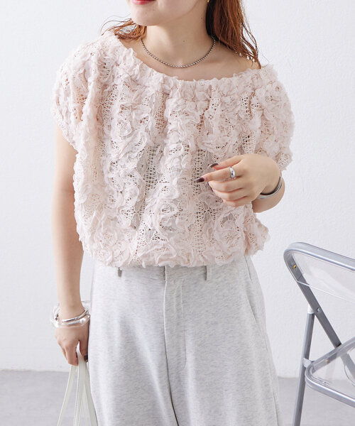 mystic（ミスティック）の「チュールジャガードパフブラウス（シャツ/ブラウス・レディース・ピンク/ブラック/オフホワイト・FREE）」の5枚目の写真