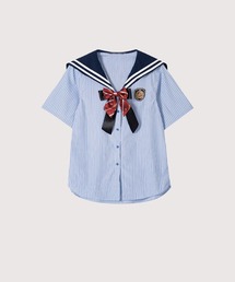 LA POMME petit（ラポミ・プチ）の「Cut Off Ribbon Shirt. カットオフ LA POMME petit Waisted Blue Ribbon Shirt