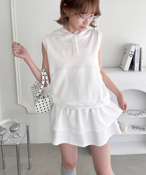 セール】【2点SET】フリルスカート＋ノースリーブパーカーセットアップ