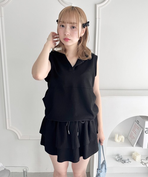 フリル　ノースリーブ　スカート　モックネック　セットアップ　上下セット　春夏 セール】【2点SET】フリルスカート＋ノースリーブパーカー