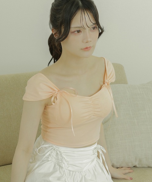 M DOLLY(エムドリー)の「pentagon neck ribbon tops/ペンタゴンネックリボントップス(Tシャツ/カットソー・レディース・ブラック/ピンク・FREE)」の15枚目の写真