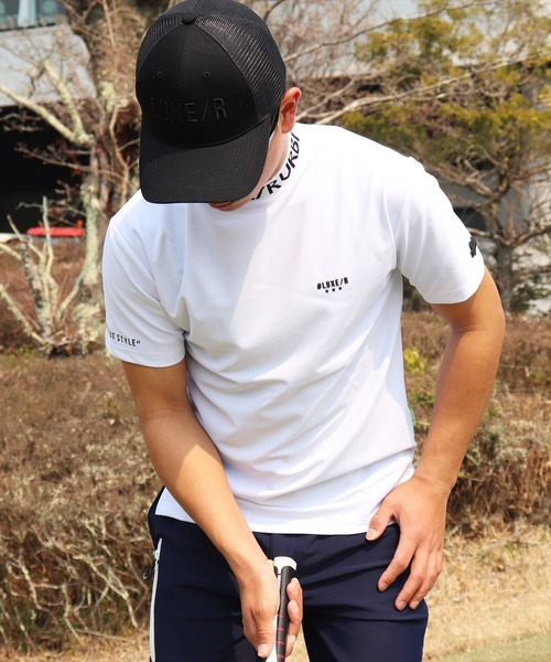 LUXE/R GOLF（ラグジュ ゴルフ）の「(RM)【LUXE/R GOLF】COOL & DRY ストレッチ スムース ロゴ ジャガード モックネック Tシャツ（Tシャツ/カットソー・メンズ・ブラック/カーキ/オフホワイト/チャコールグレー・M/L/XL）」の7枚目の写真