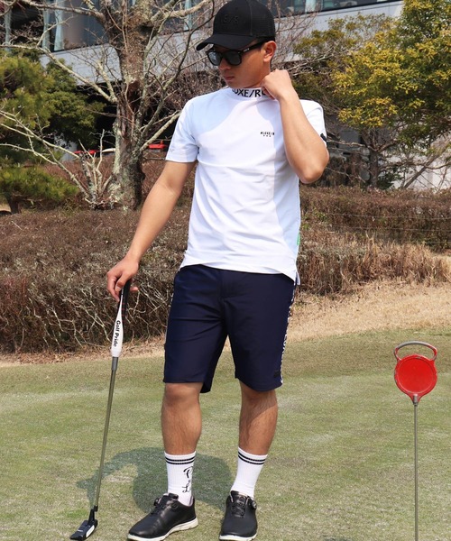 LUXE/R GOLF（ラグジュ ゴルフ）の「(RM)【LUXE/R GOLF】COOL & DRY ストレッチ スムース ロゴ ジャガード モックネック Tシャツ（Tシャツ/カットソー・メンズ・ブラック/カーキ/オフホワイト/チャコールグレー・M/L/XL）」の8枚目の写真