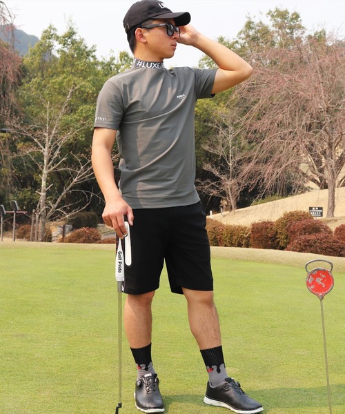 LUXE/R GOLF（ラグジュ ゴルフ）の「(RM)【LUXE/R GOLF】COOL & DRY ストレッチ スムース ロゴ ジャガード モックネック Tシャツ（Tシャツ/カットソー・メンズ・ブラック/カーキ/オフホワイト/チャコールグレー・M/L/XL）」の21枚目の写真