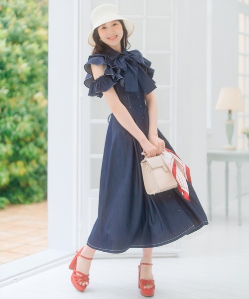 WILLSELECTION（ウィルセレクション）の「ラッフルスリーブリボンタイワンピース（ワンピース・レディース・ブルー系その他/オフホワイト/ネイビー・FREE）」の3枚目の写真