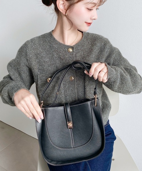 Lさま専用　新品ワンハンドルMサイズ　ダークブラウン　足付き　ショルダーカスタム セール】配色ステッチワンハンドルラウンドショルダーバッグ