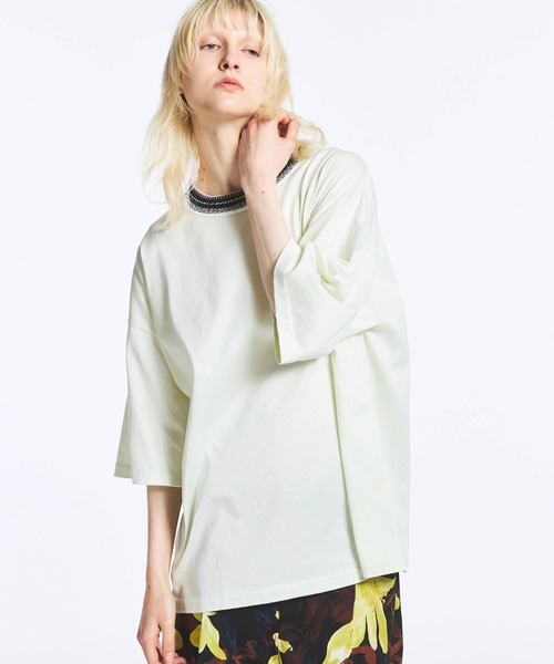 UNISEX》Prime-Over Collar Knit Combination Crew Neck T-shirt