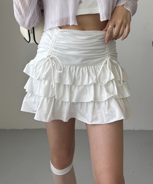 one after another NICE CLAUP(ワンアフターアナザーナイスクラップ)の「ドロストティアードミニスカート(スカート・レディース・杢グレー/チャコールグレー/アイボリー/ホワイト・FREE)」の1枚目の写真