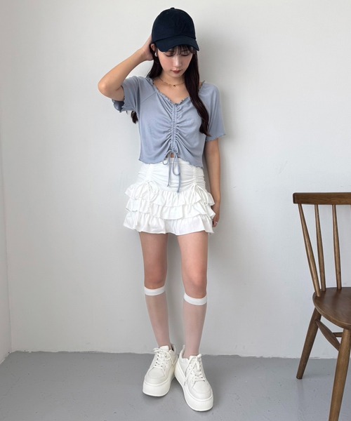 one after another NICE CLAUP(ワンアフターアナザーナイスクラップ)の「ドロストティアードミニスカート(スカート・レディース・杢グレー/チャコールグレー/アイボリー/ホワイト・FREE)」の5枚目の写真