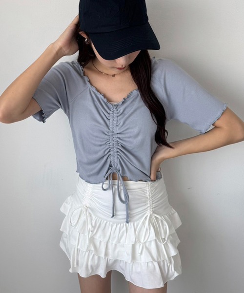 one after another NICE CLAUP(ワンアフターアナザーナイスクラップ)の「ドロストティアードミニスカート(スカート・レディース・杢グレー/チャコールグレー/アイボリー/ホワイト・FREE)」の7枚目の写真