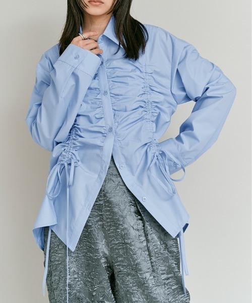 W:Huku（フーク）の「【W:Huku / ノンアイロンシリーズ】シャーリング リボン ブラウス / Wrinkle-Resistant Shirred Ribbon Blouse（シャツ/ブラウス・レディース・ブルー/オフホワイト/ブラック・FREE）」の10枚目の写真