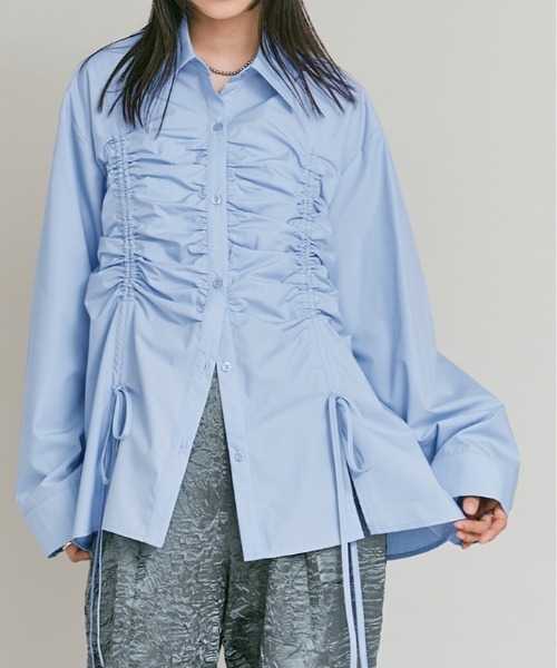 W:Huku（フーク）の「【W:Huku / ノンアイロンシリーズ】シャーリング リボン ブラウス / Wrinkle-Resistant Shirred Ribbon Blouse（シャツ/ブラウス・レディース・ブルー/オフホワイト/ブラック・FREE）」の14枚目の写真